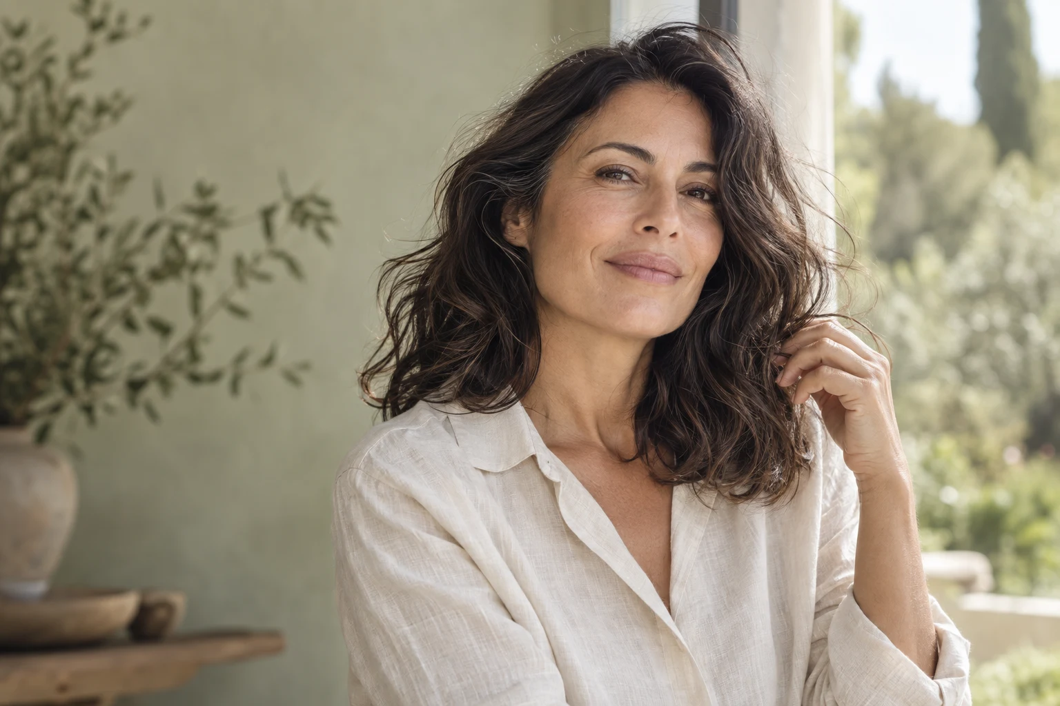 Portrait éditorial d’une femme aux cheveux ondulés dans une lumière naturelle.